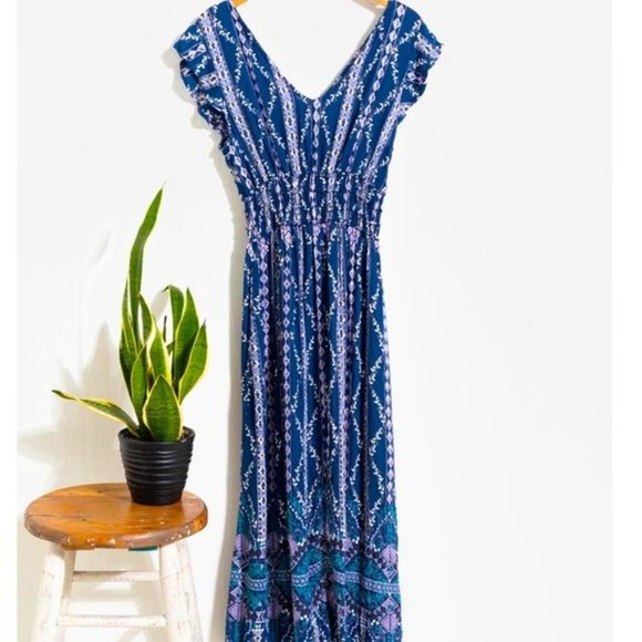 Blue Floral Smocked Boho Maxi Dress - Picture 2 of 3